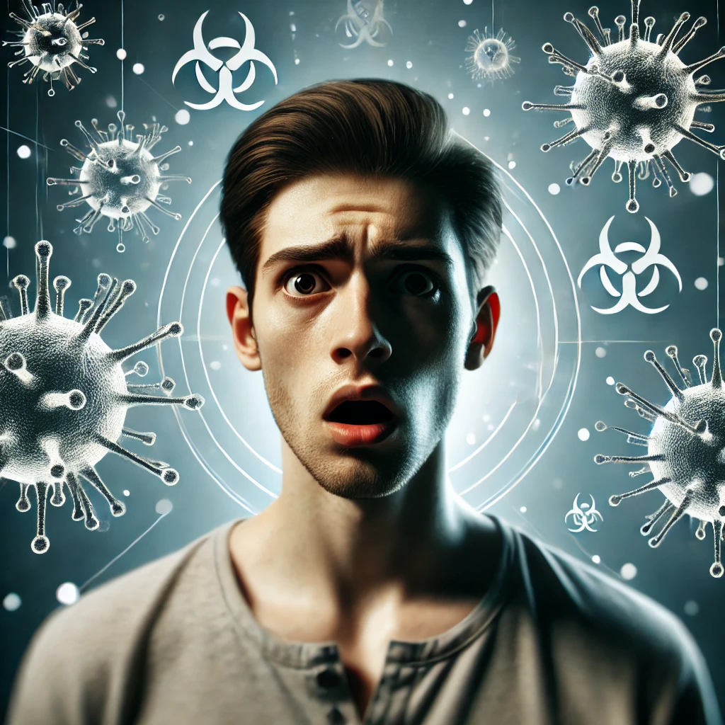DALL·E 2024 10 18 13.51.57 A realistic image of a person with a terrified expression standing against a background featuring symbolic minimal illustrations of viruses. The per